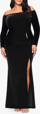 Xscape Evenings Off the Shoulder Long Sleeve Stretch Velvet Mermaid Gown