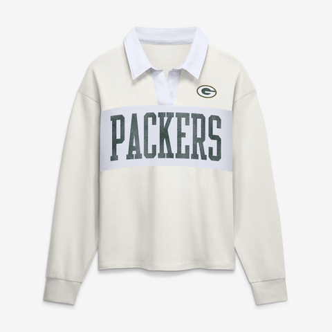 Women's Fanatics Cream Green Bay Packers Heritage Play Action Rugby Long Sleeve Polo
