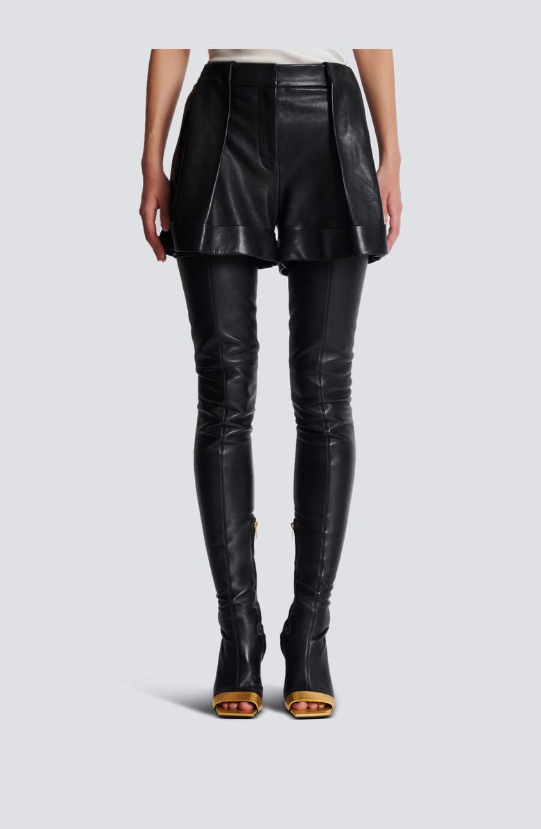 Balmain Pleated Lambskin Shorts, Alternate, color, 