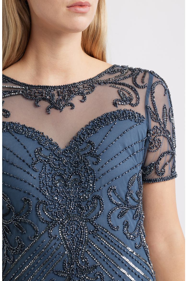 Illusion Beaded Mesh Column Gown, Alternate, color, COASTAL BLUE 455