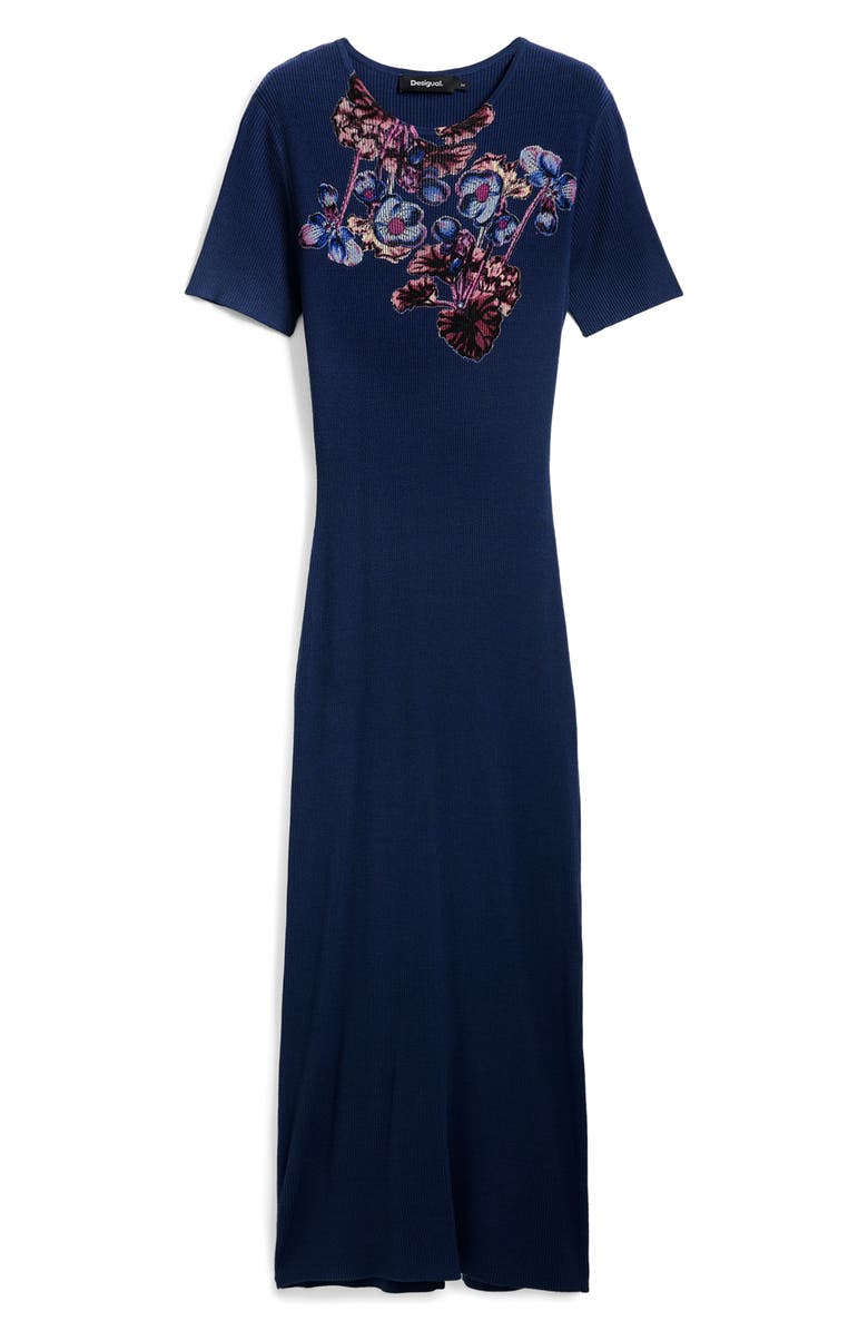 Desigual Floral Print Rib Midi Dress, Alternate, color, Navy Blue