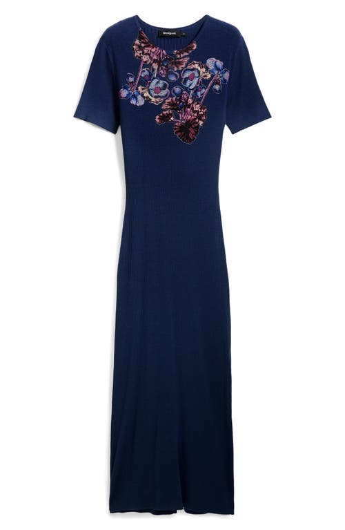 Desigual Floral Print Rib Midi Dress In Navy Blue