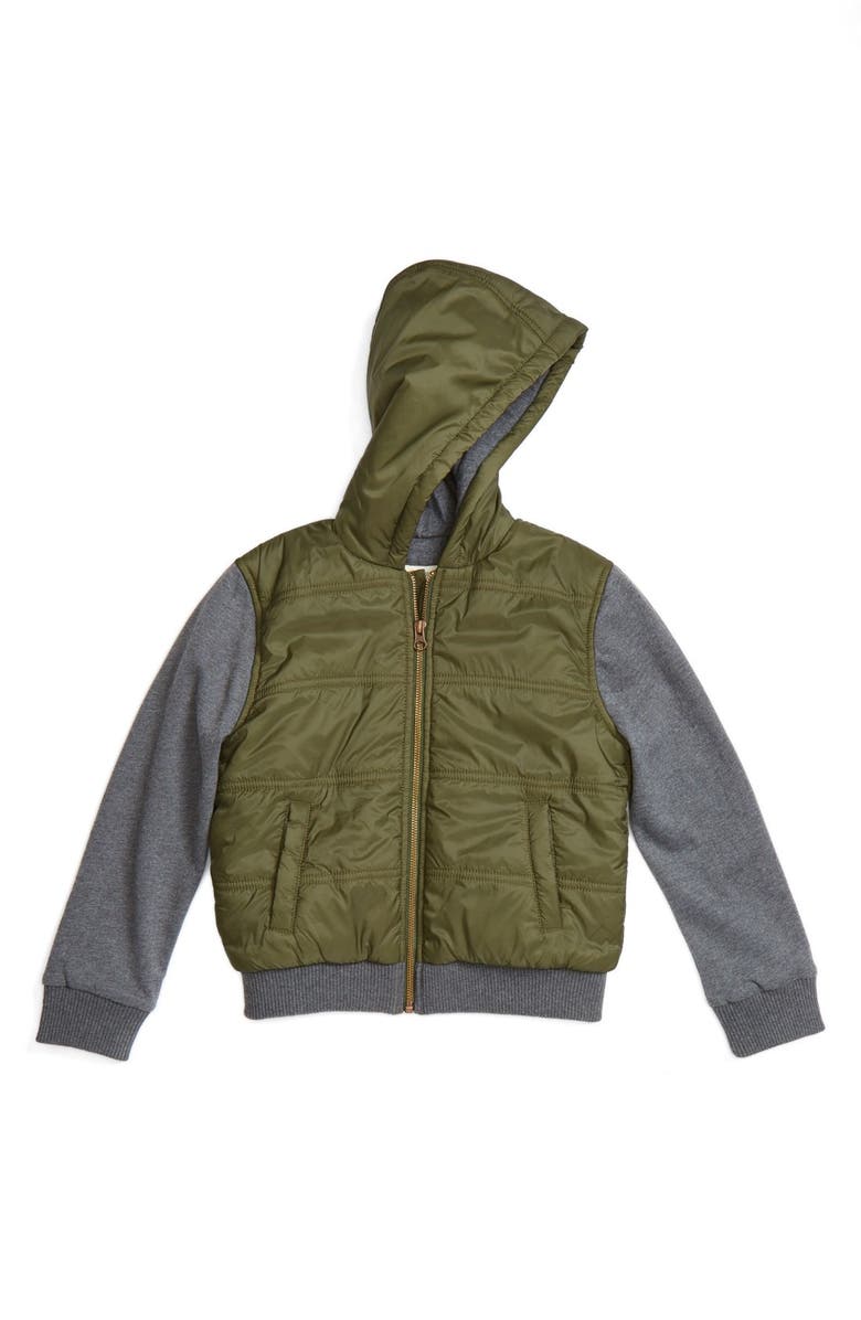 Tucker + Tate Quilted Hooded Jacket with Knit Sleeves, Main, color, Olive Burnt