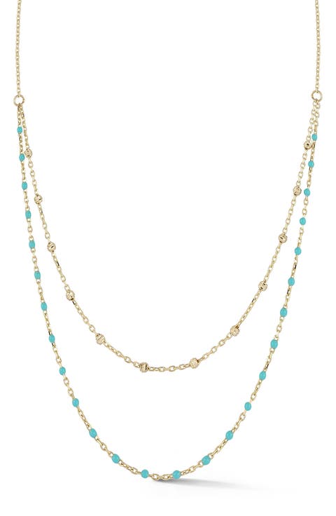14K Gold Enamel Station Double Layer Necklace