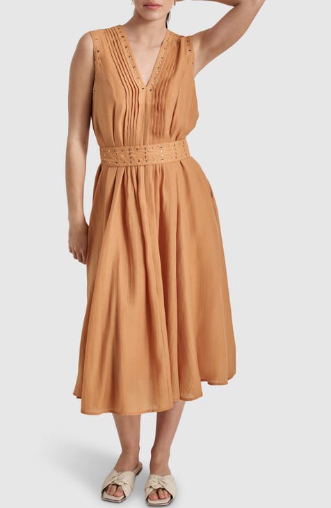 Grommet Tie Belt Sleeveless Organza Midi Dress