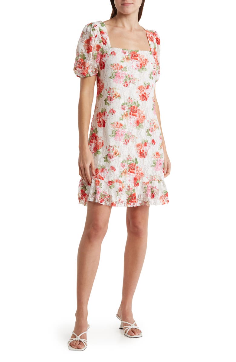 TASH AND SOPHIE Floral Square Neck Lace Minidress, Main, color, 