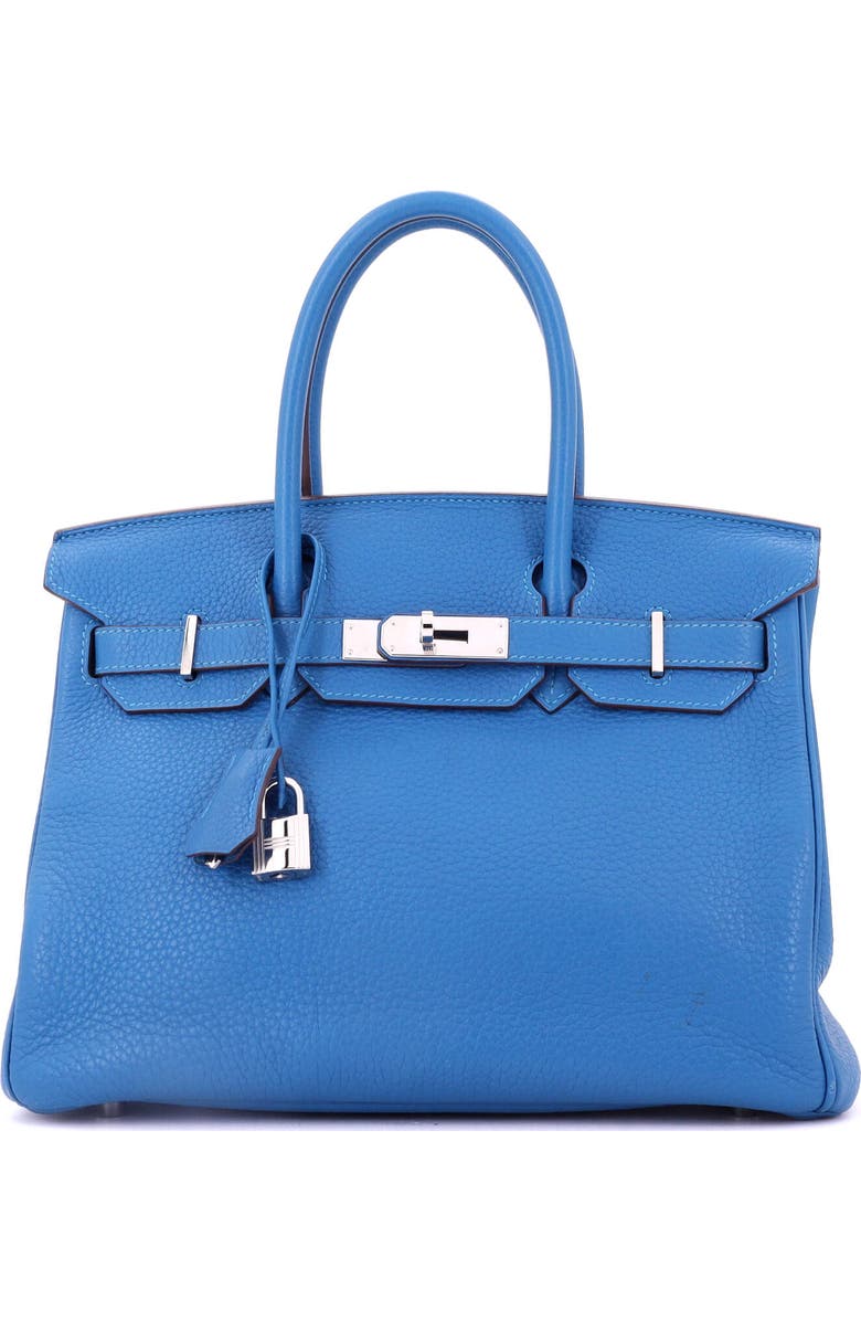 Pre-Owned Hermes Birkin Handbag Blue Clemence with Palladium Hardware 30, Main, color, Mykonos