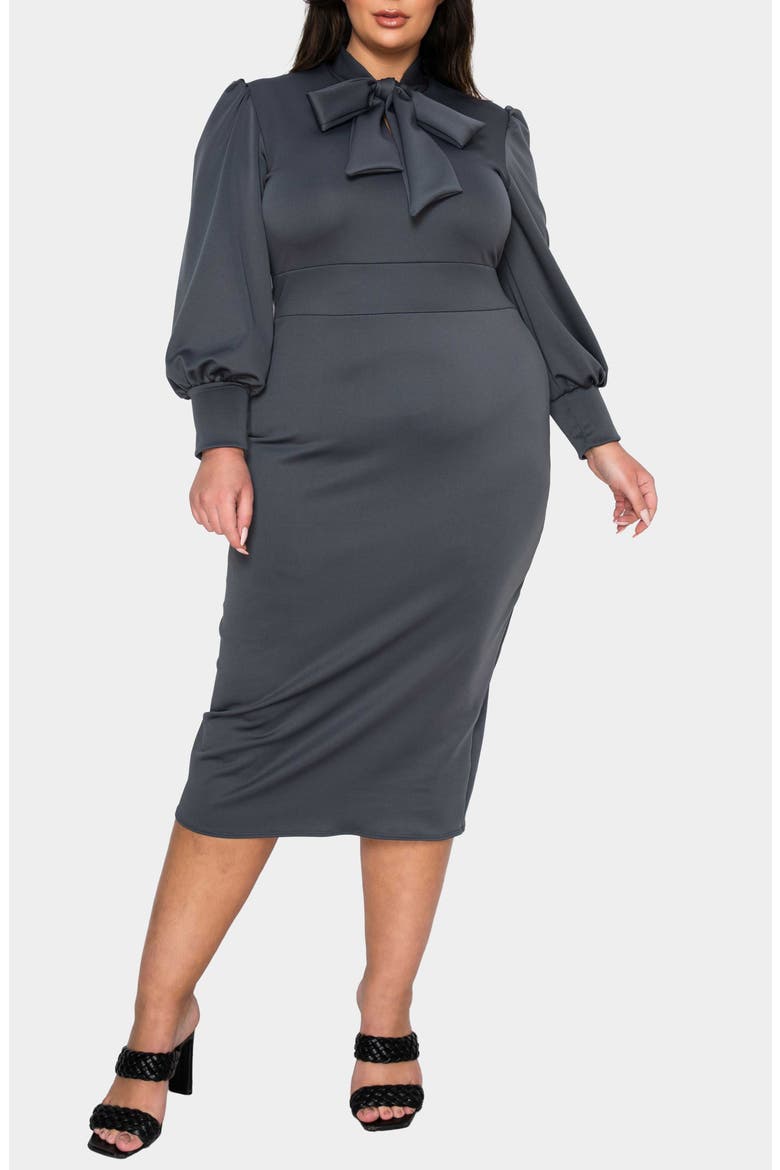 Anastasia Tie Neck Long Sleeve Dress, Alternate, color, CHARCOAL