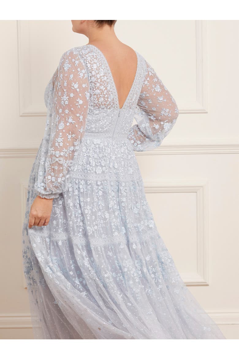 Celestia Ribbon Long Sleeve V-Neck Gown, Alternate, color, Blue