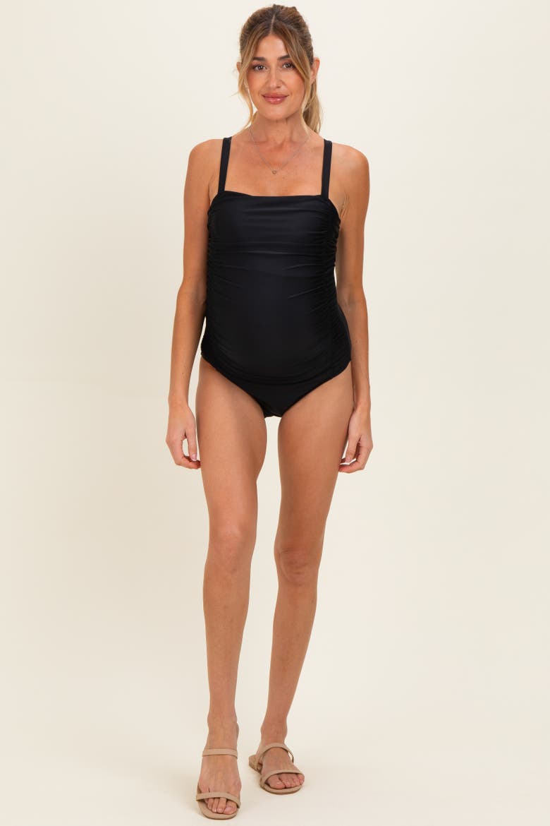Ruched Square Neck One Piece Swimsuit, Alternate, color, Black
