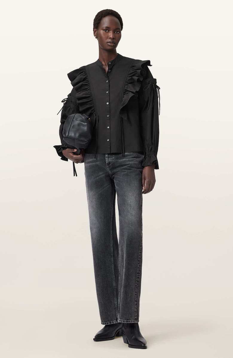AllSaints Lulu Ruffle Ruched Cotton Button-Up Shirt, Alternate, color, Black