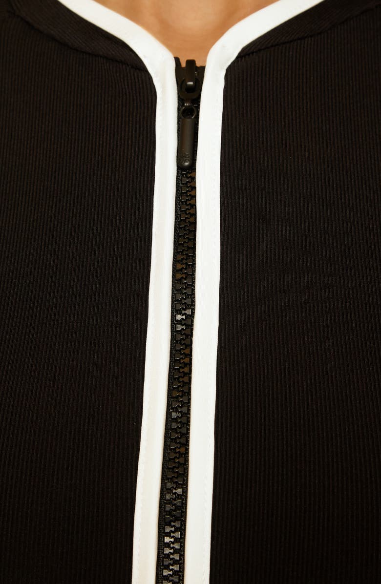 Trina Turk Triumph Contrast Binding Short Sleeve Rib One-Piece Rashguard Swimsuit, Alternate, color, Black