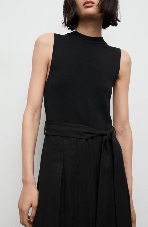 Mango Mixed Media Pleated Midi Dress In Black