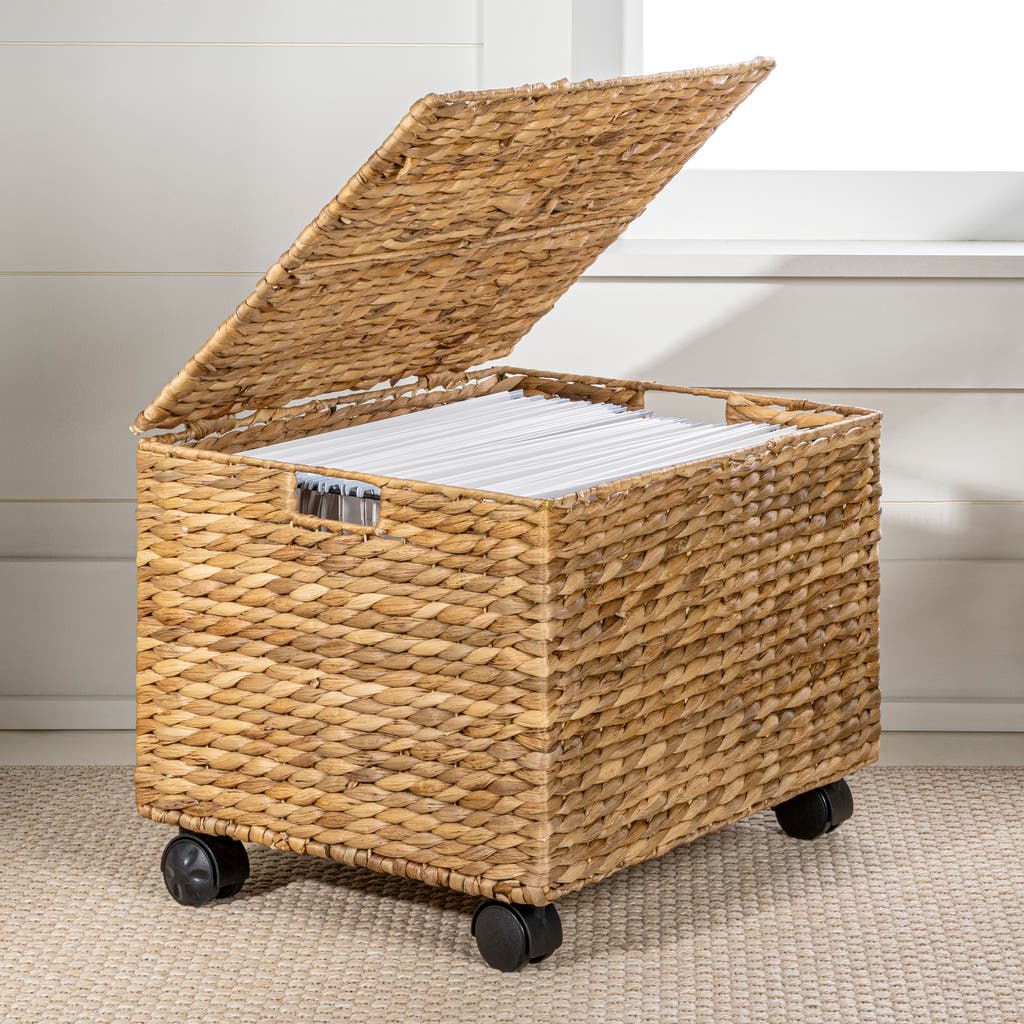 Happimess Ashton Classic Farmhouse Handwoven Hyacinth Rolling Filing Basket With Lid And 360 Degree In Natural