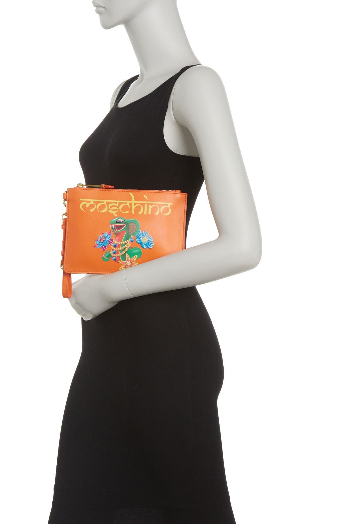 Moschino Cartoon Snake Leather Clutch, Alternate, color, 