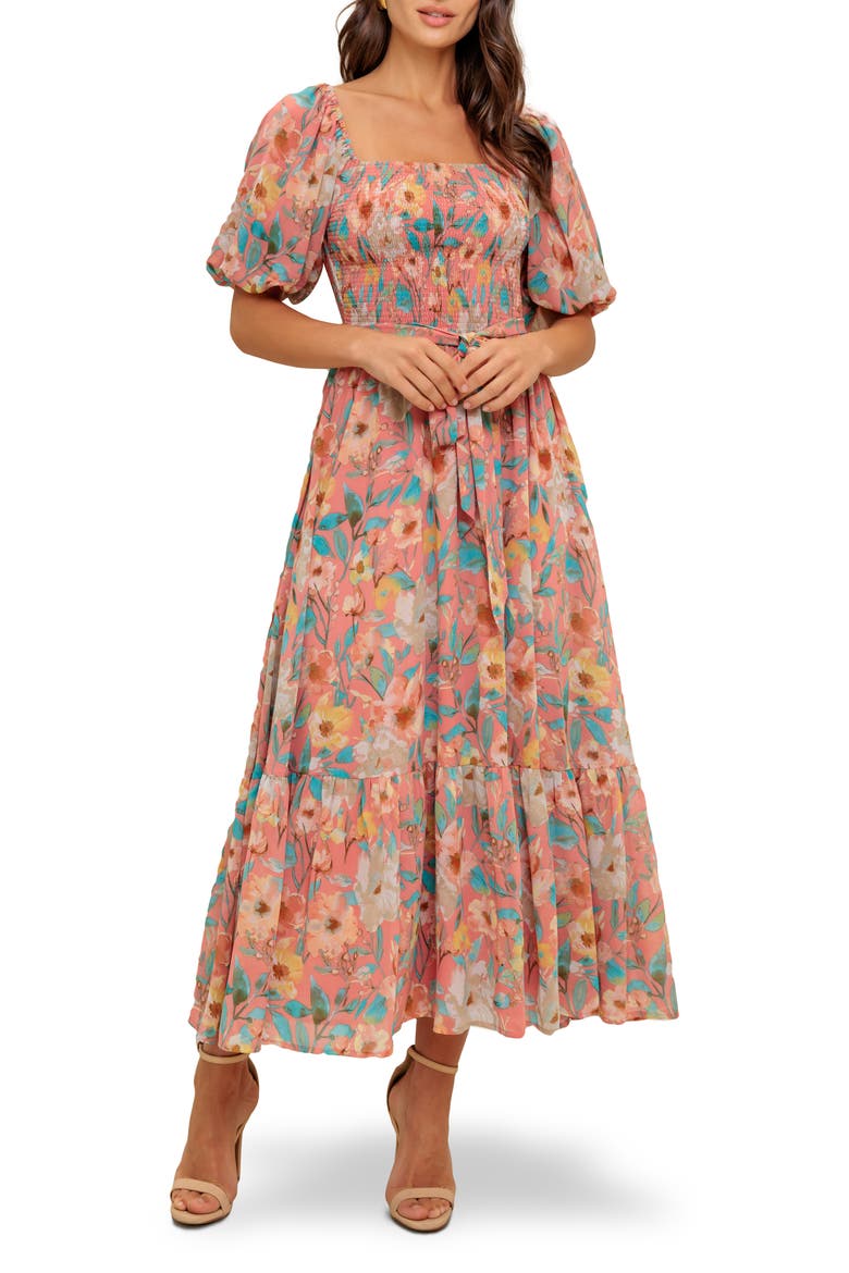 Smocked Puff Sleeve Midi Dress, Main, color, ROSE