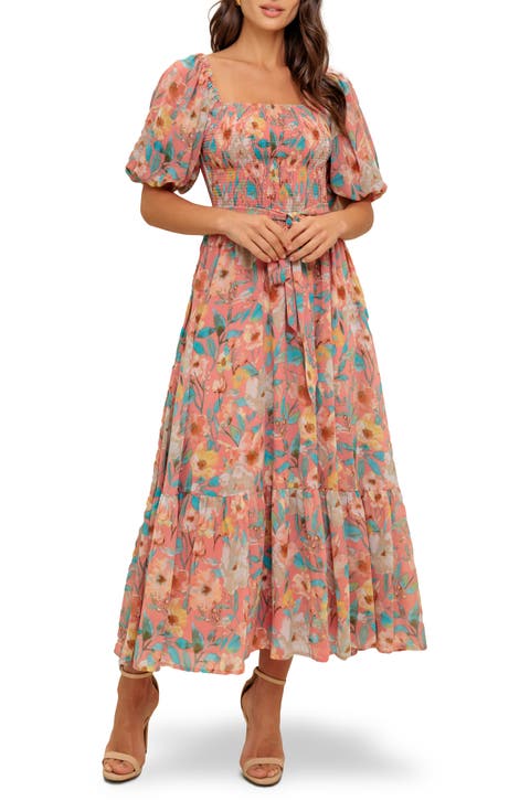 Smocked Puff Sleeve Midi Dress