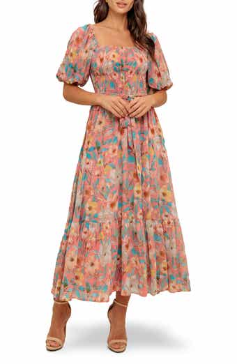 FLYING TOMATO Smocked Puff Sleeve Midi Dress