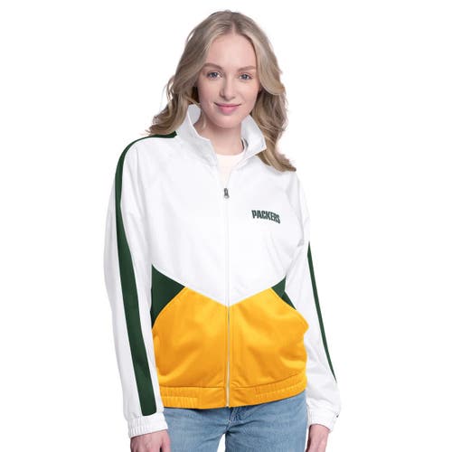 G-iii 4her By Carl Banks White/green Green Bay Packers Rally Rhinestone Full-zip Track Jacket