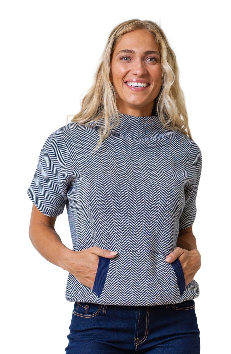 Hope & Henry Women's Organic Mock Neck Sweater, Alternate, color, Navy And White Herringbone