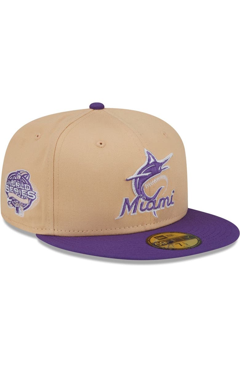 New Era Men's New Era Peach/Purple Miami Marlins 2003 World Series Side Patch 59FIFTY Fitted Hat, Main, color,