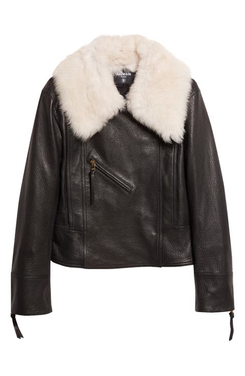 Genuine Shearling Collar Leather Biker Jacket