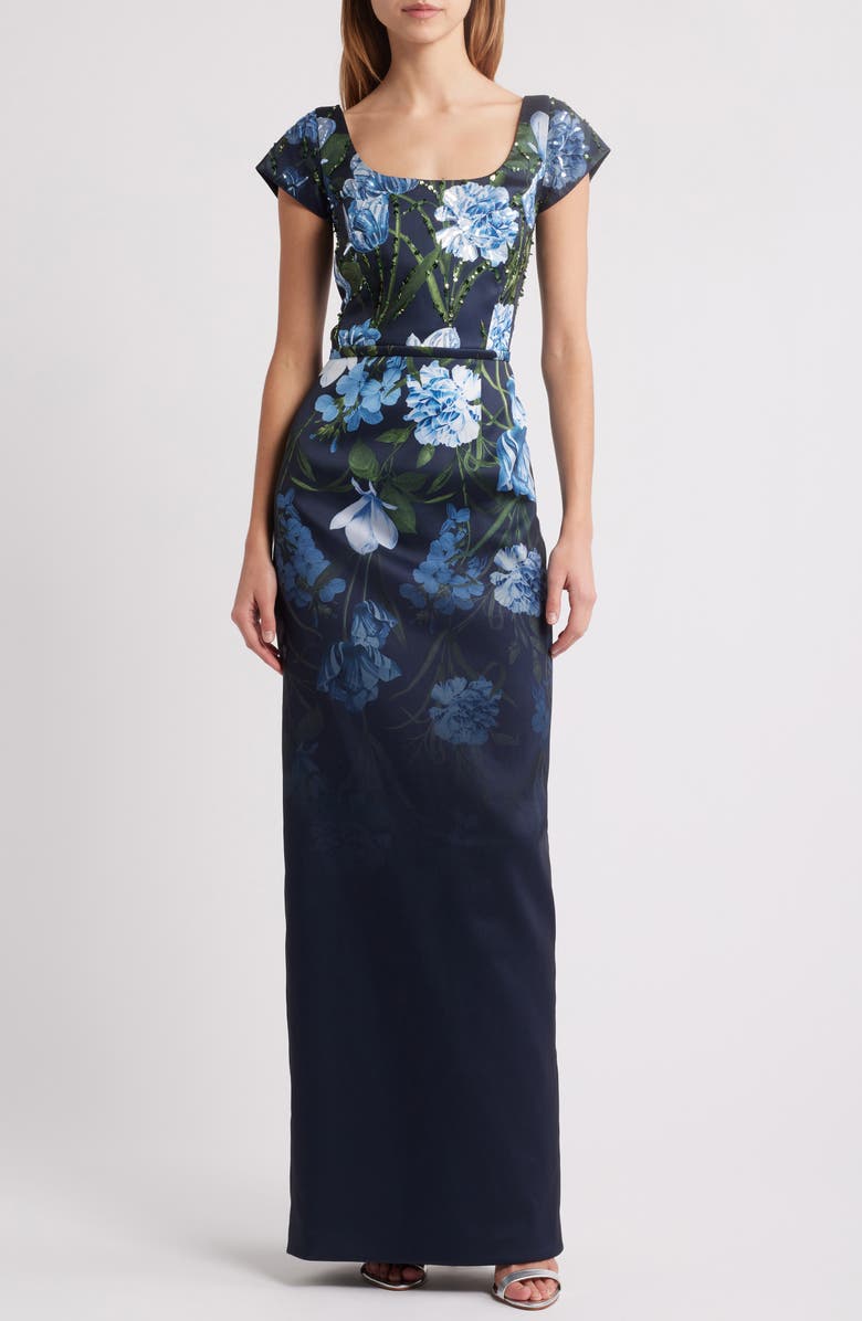 Sachin & Babi Grace Sequin Floral Stretch Mikado Gown, Main, color, Night Sky Prima Garden