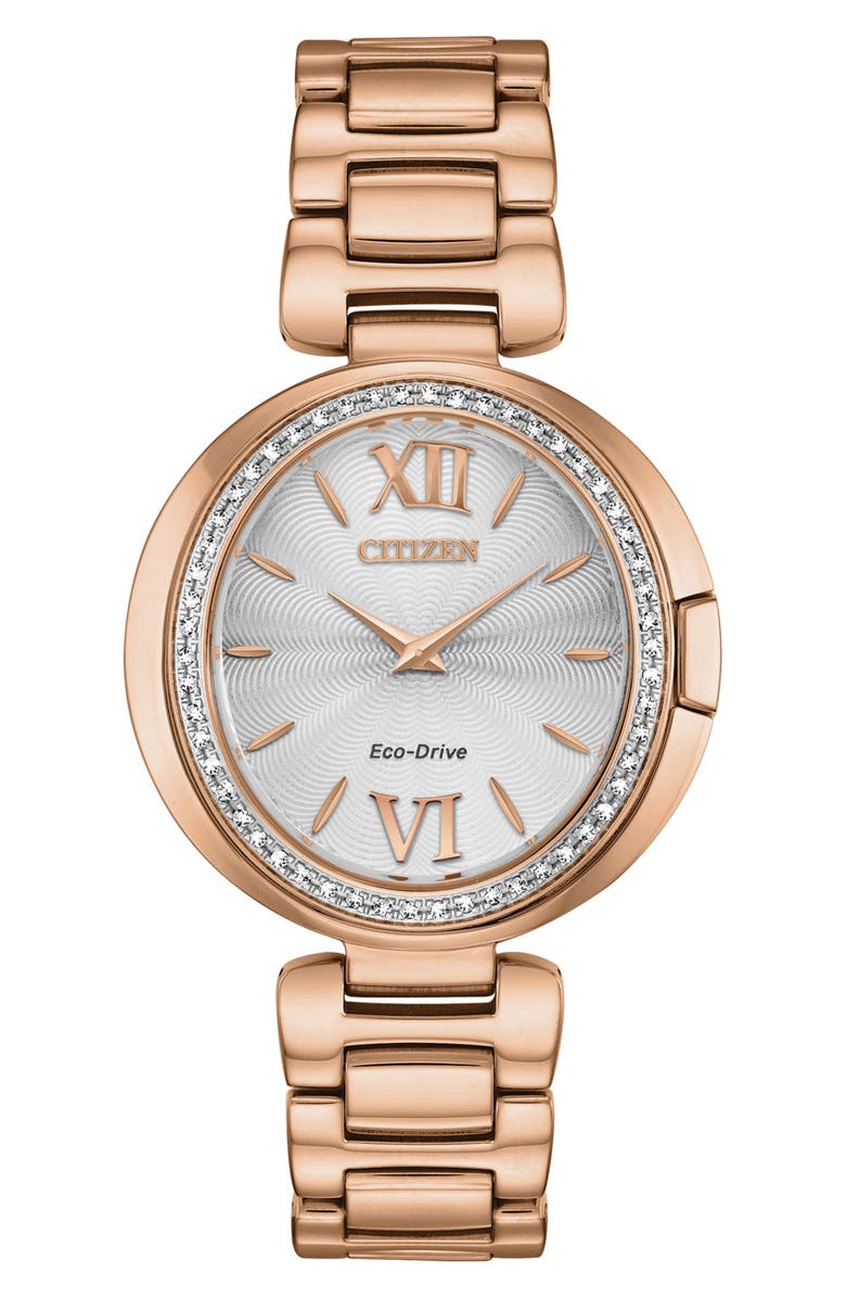 Citizen Capella Collection Eco-Drive Diamond Bezel Bracelet Watch, 34mm, Main, color, Rose Gold