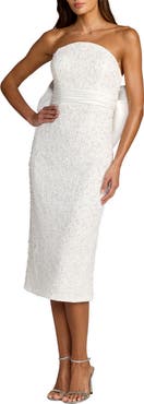 Mac Duggal Beaded Lace Strapless Bow Detail Fitted Midi Dress
