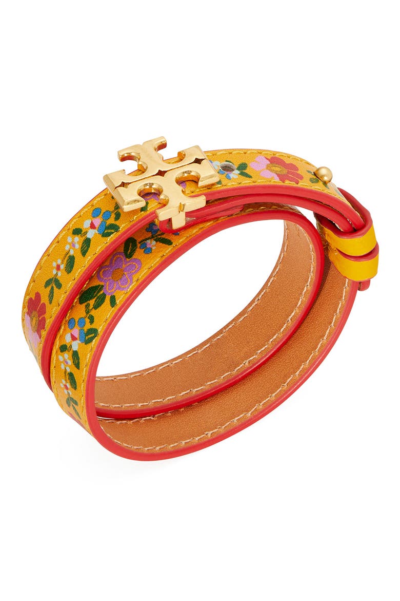 Kira Floral Leather Double Wrap Bracelet, Alternate, color, ROLLED BRASS 59 / MULTI