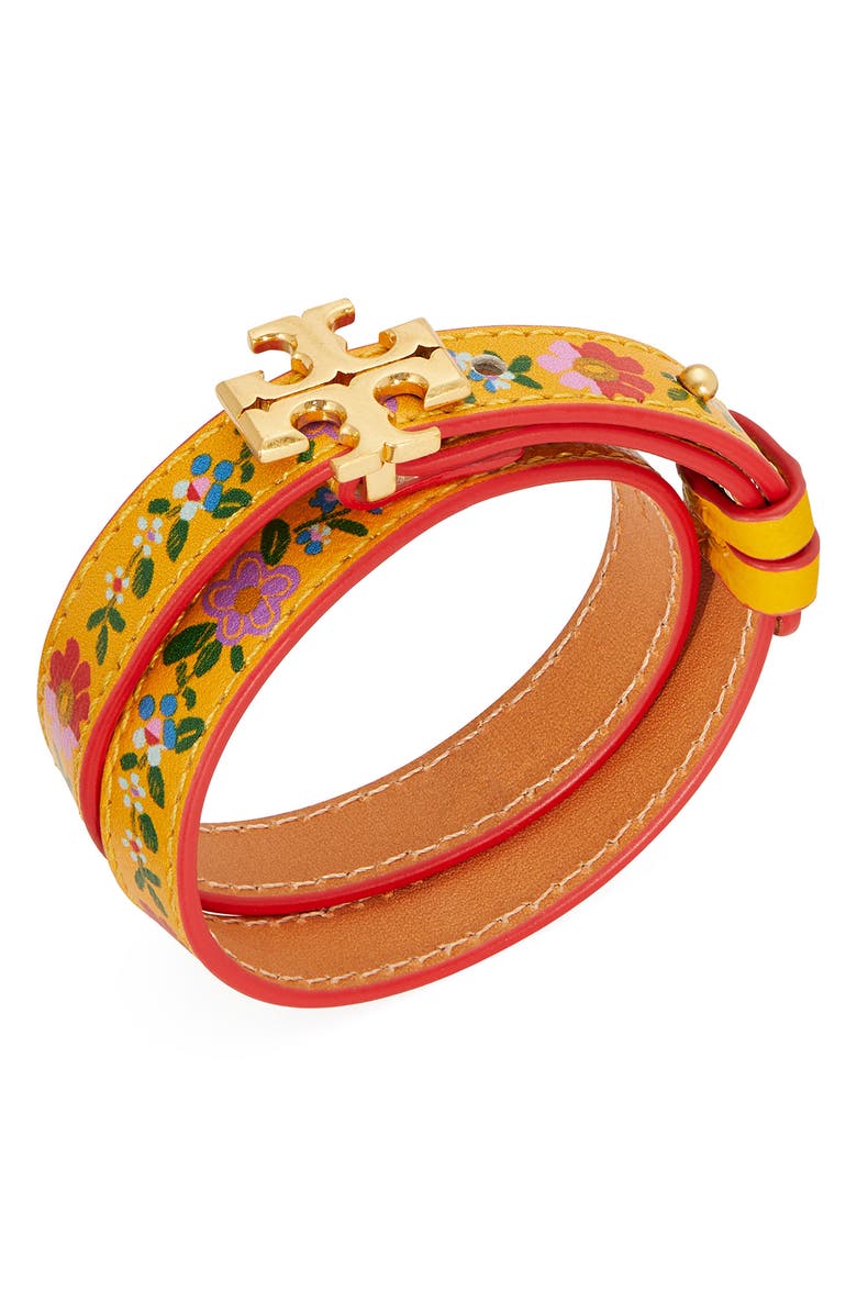 Tory Burch Kira Floral Leather Double Wrap Bracelet, Alternate, color, 