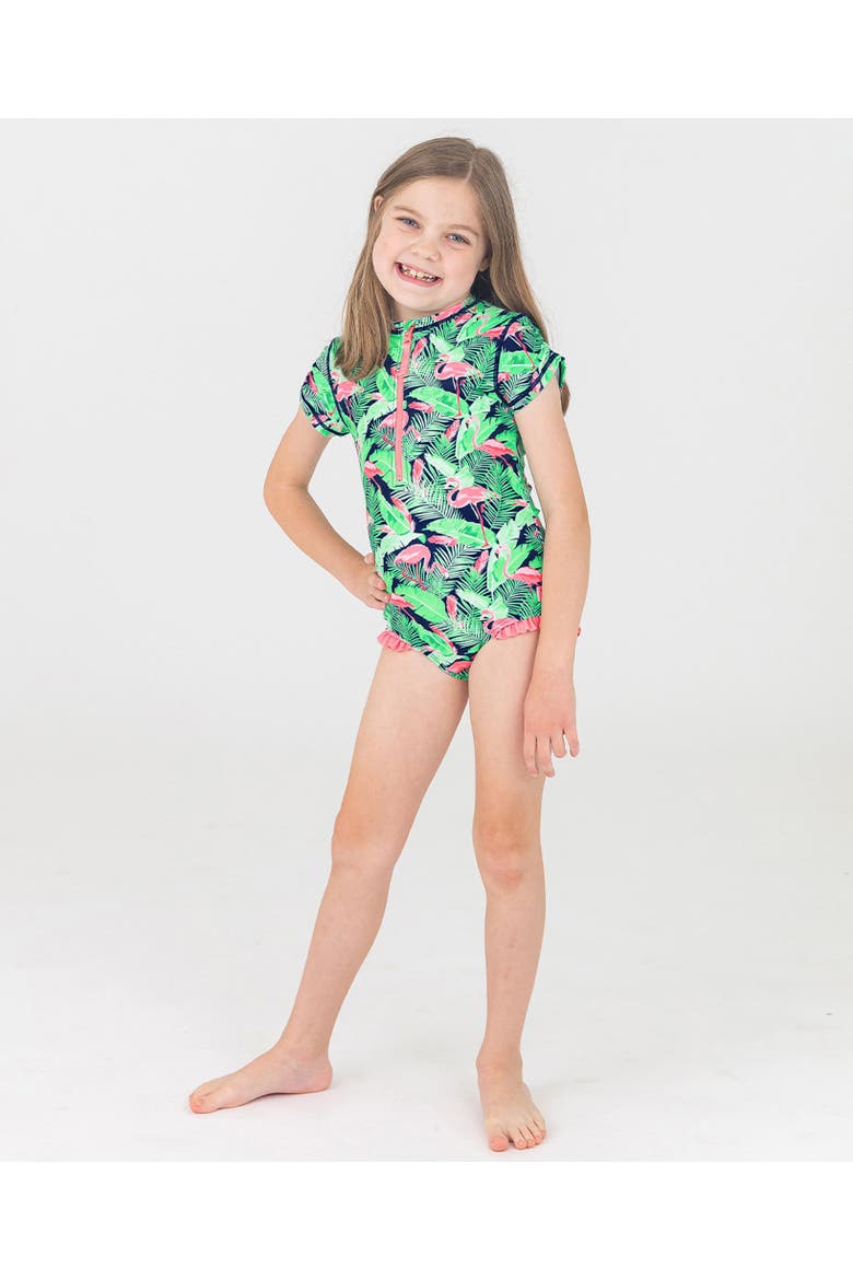 Short Sleeve UPF50 One Piece Rash Guard, Alternate, color, Flamingo Frenzy