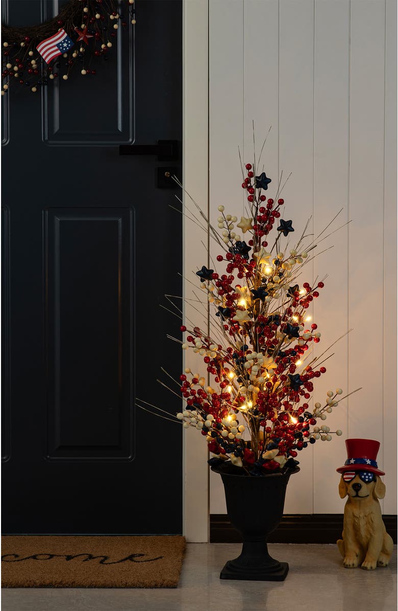 Glitzhome 3ft Patriotic Americana Lighted Berry Stars Urn Porch Tree with Timer, Alternate, color, Blue