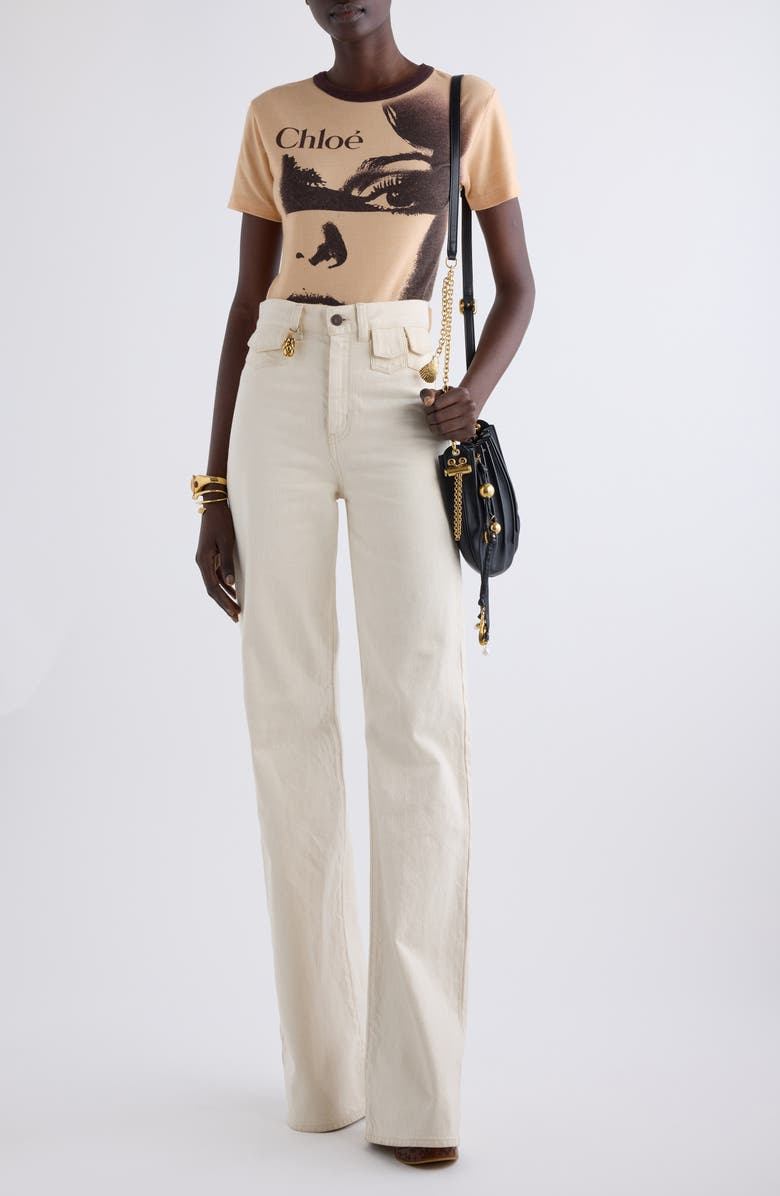 Chloé Pineapple Charm High Waist Twill Pants, Alternate, color, Eden White