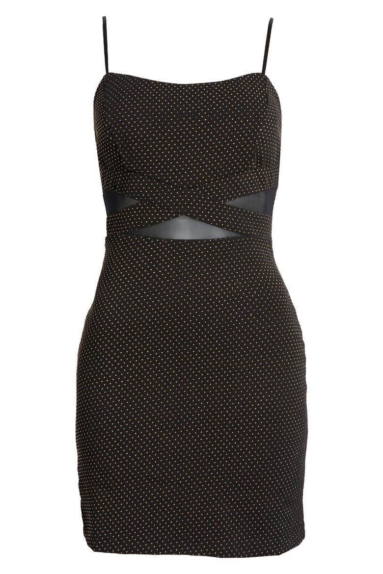 Polka Dot Illusion Lace Inset Body Con Minidress, Alternate, color, BLACK/ GOLD