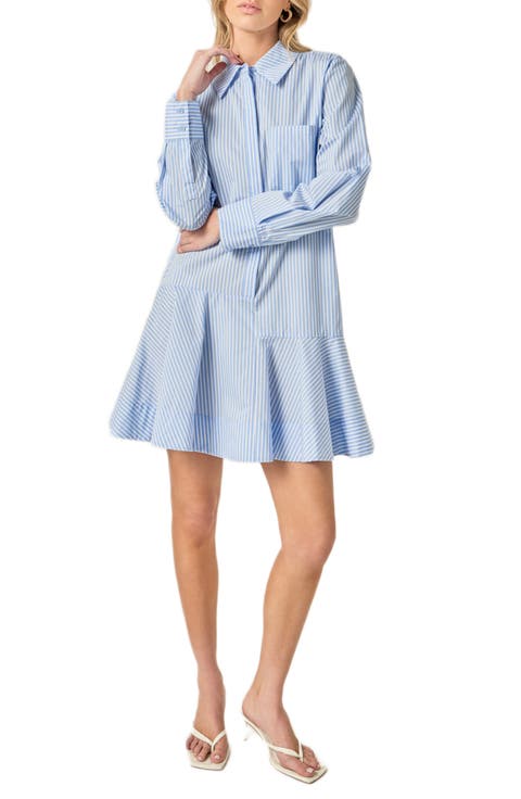 Stripe Ruffle Hem Long Sleeve Shirtdress