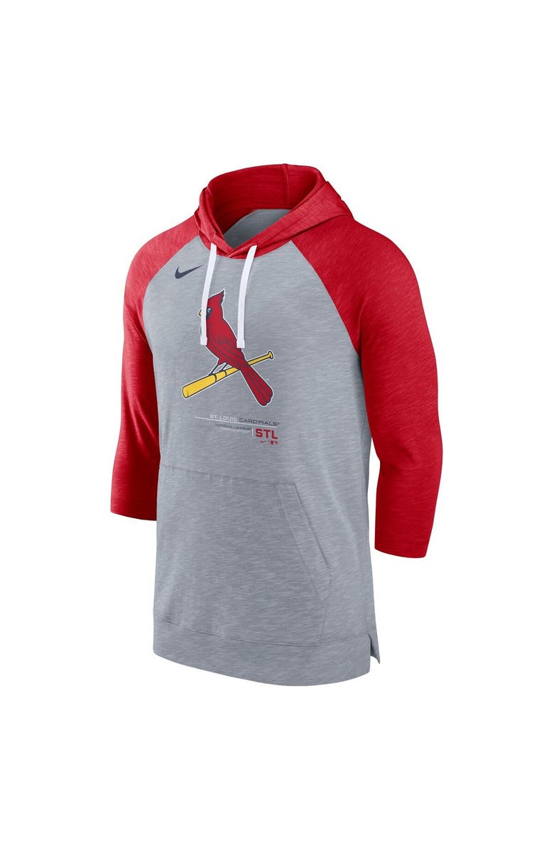 Nike Men's Nike Heather Gray/Heather Red St. Louis Cardinals Baseball Raglan 3/4-Sleeve Pullover Hoodie, Alternate, color, Heather Gray
