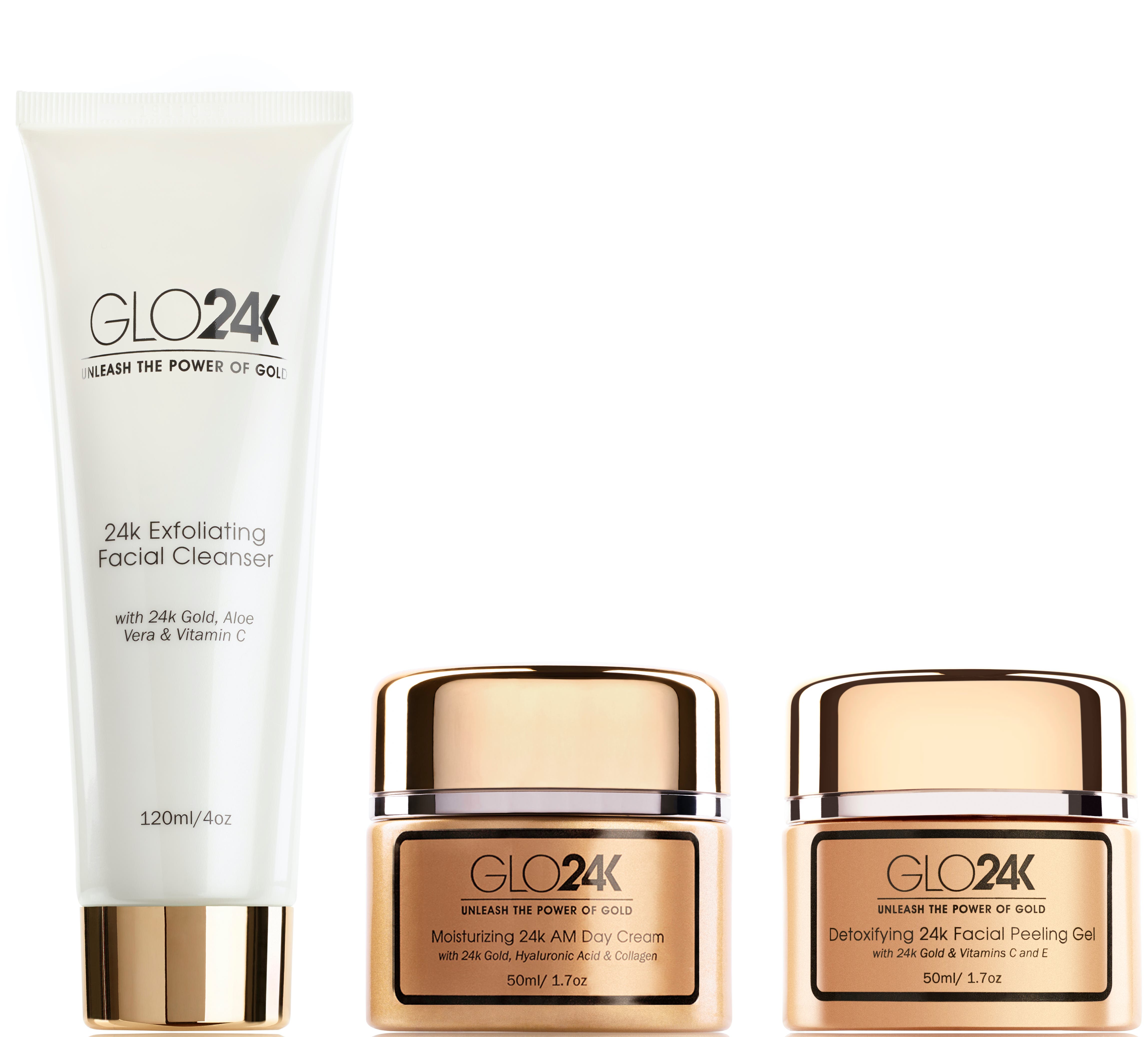 GLO24K UNLEASH THE POWER OF GOLD 24k Gold Moisturizing Day Cream, Peeling Gel, Exfoliating Facial Cleanser Complete Set in Na 