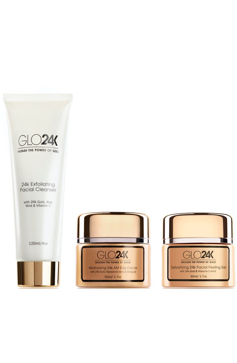 GLO24K UNLEASH THE POWER OF GOLD 24k Gold Moisturizing Day Cream, Peeling Gel, Exfoliating Facial Cleanser Complete Set, Main, color, Na