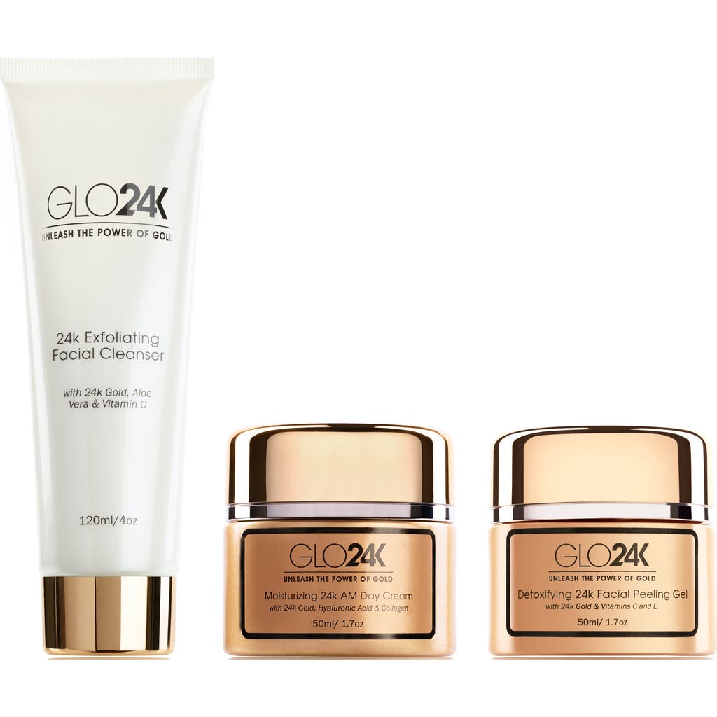 GLO24K UNLEASH THE POWER OF GOLD 24k Gold Moisturizing Day Cream, Peeling Gel, Exfoliating Facial Cleanser Complete Set in Na  product