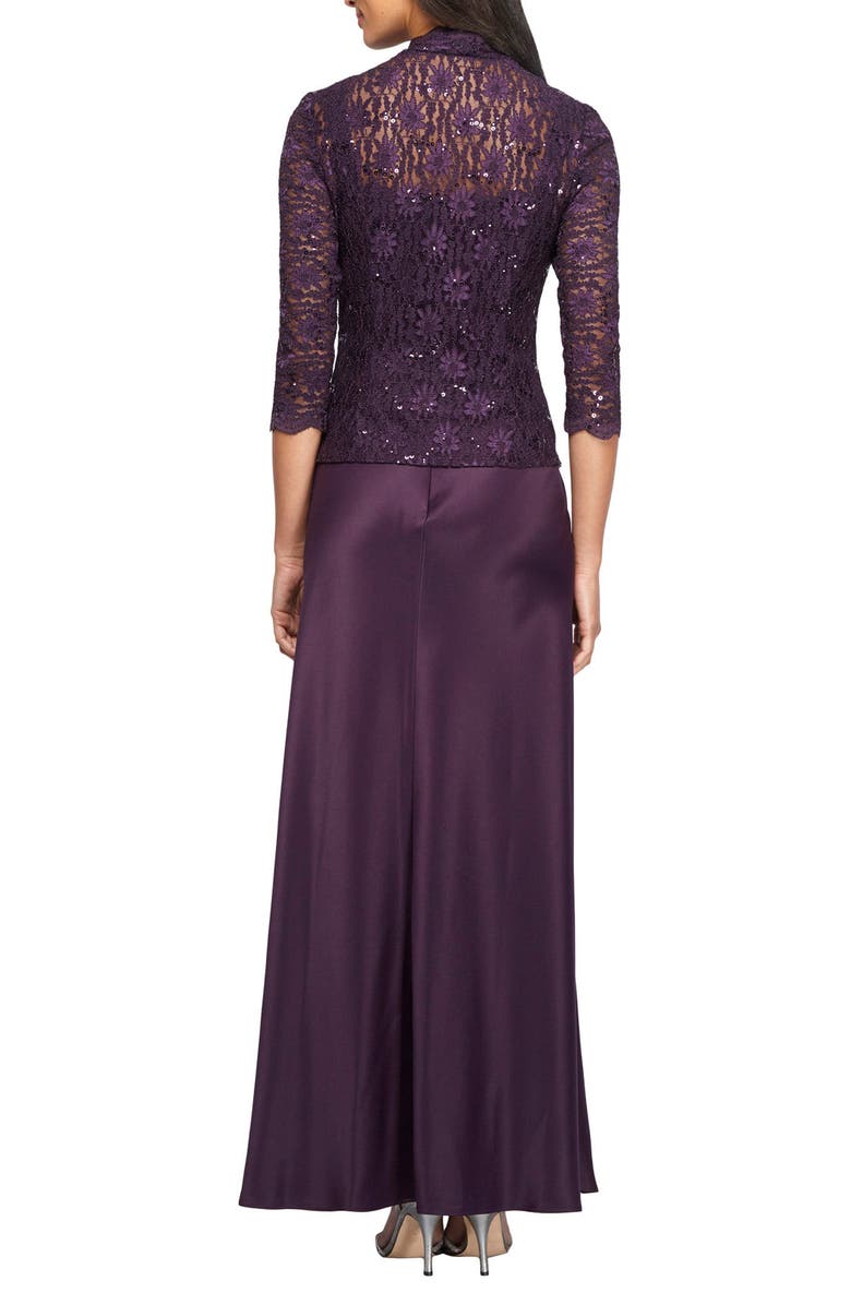 Alex Evenings Sequin Lace & Satin Gown with Jacket, Alternate, color, Eggplant