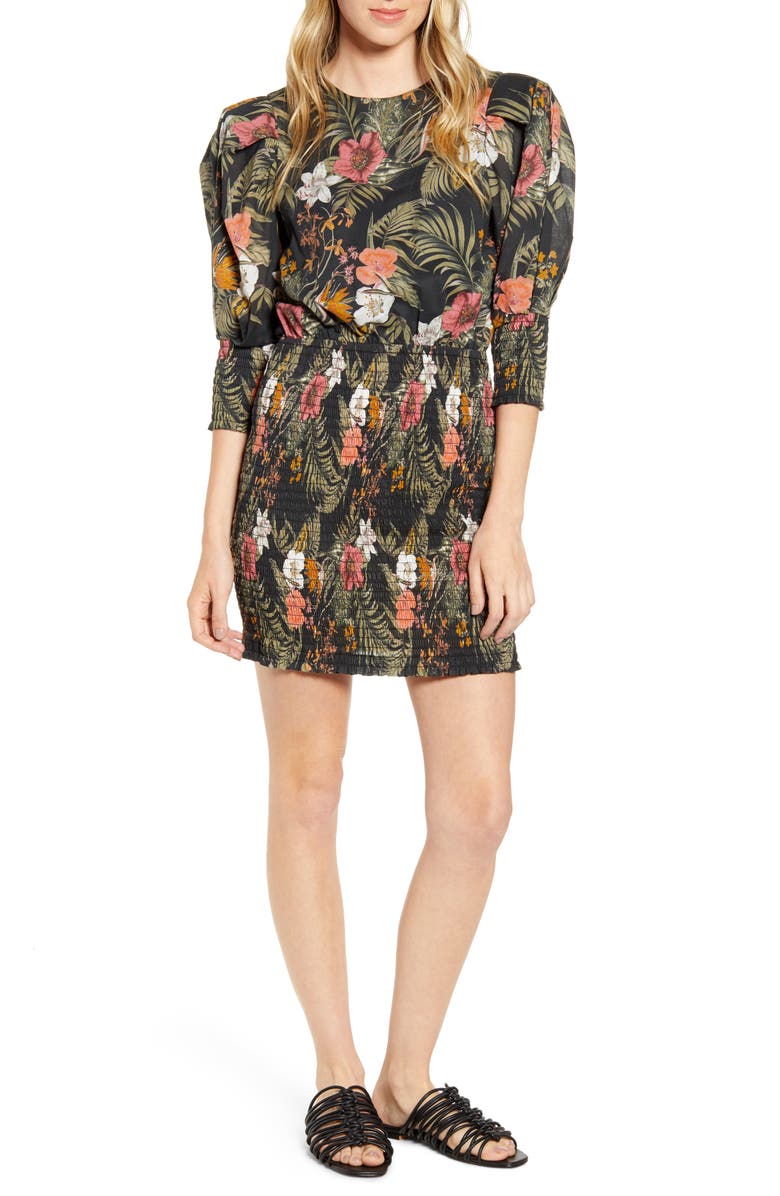 Rebecca Minkoff Geneva Tropical Print Smocked Cotton Dress, Main, color, 