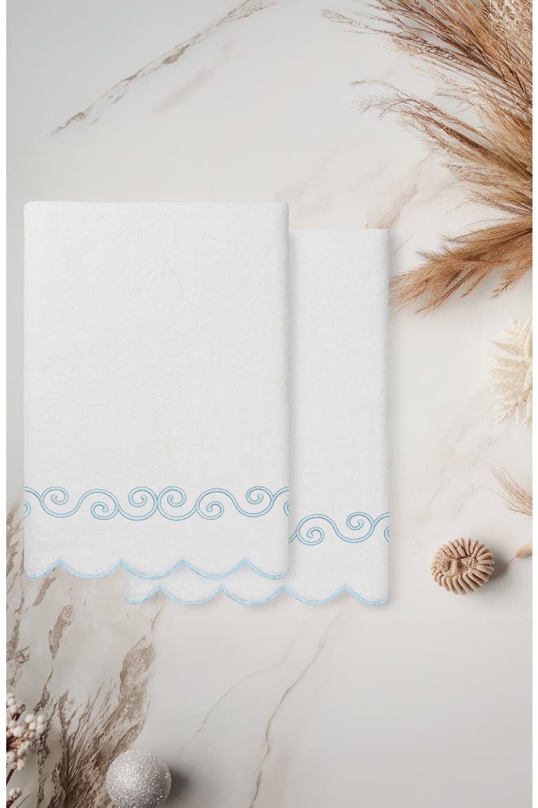 2-Piece Symmetra Embroidered Turkish Cotton Bath Towel Set, Alternate, color, WHITE/ BLUE