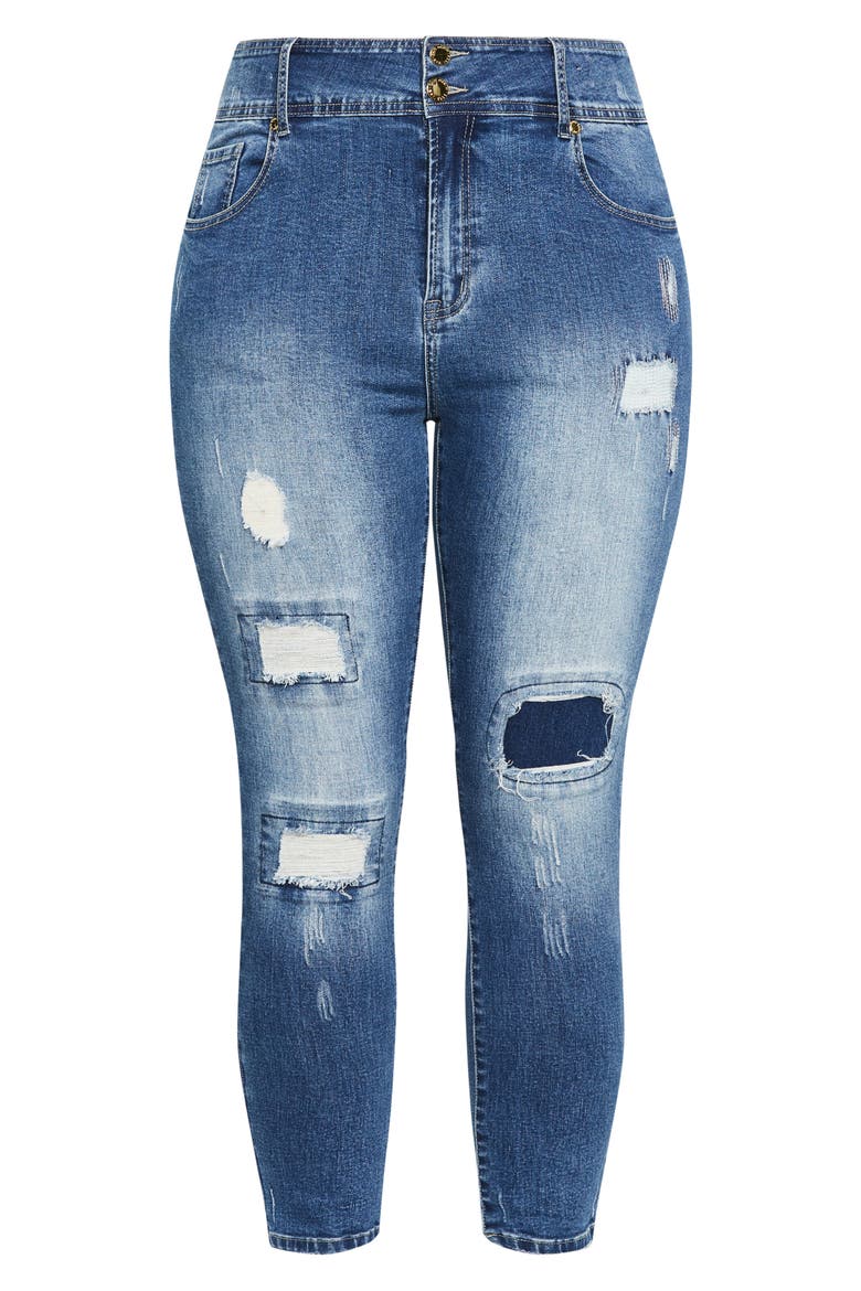 Patched Apple Skinny Jeans, Alternate, color, DENIM MID