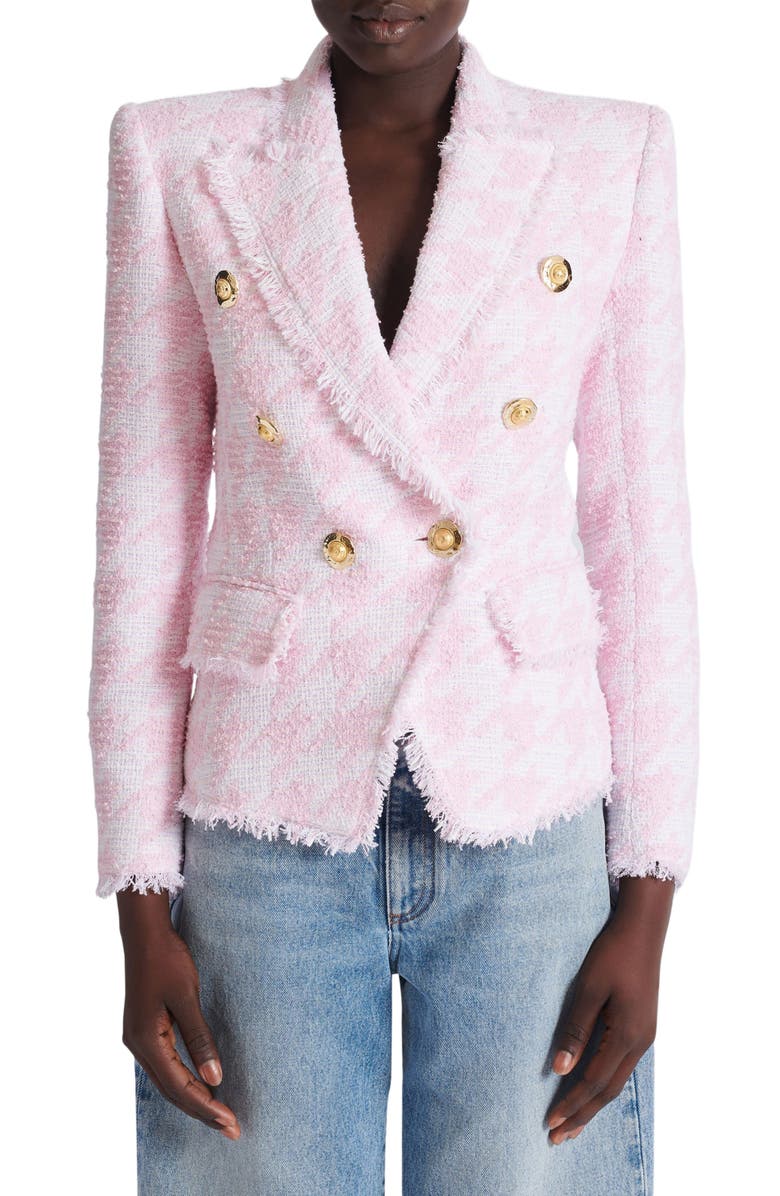 Balmain 6-Button Houndstooth Tweed Fitted Jacket, Alternate, color, Pink