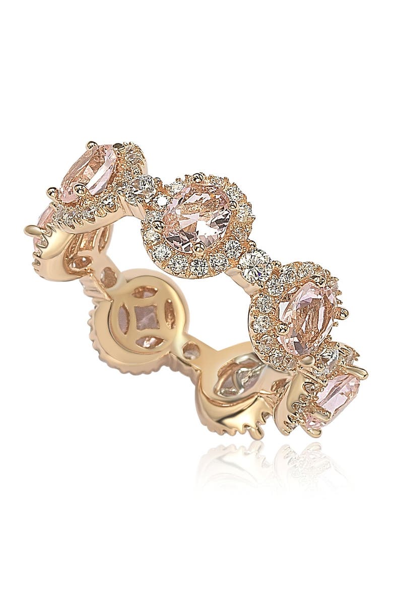 Rose-Tone Sterling Silver Prong Set CZ & Pave Halo Station Eternity Band Ring, Main, color, PINK