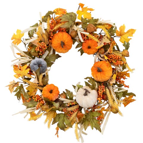 Velvet Pumpkins and Wheat Artificial Fall Harvest Wreath - 24"