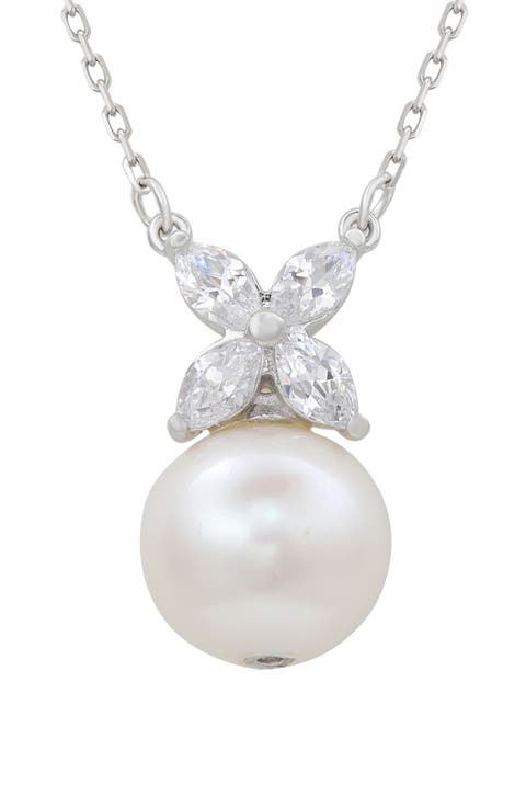 Sterling Silver White Sapphire Cultured Freshwater Pearl Pendant Necklace