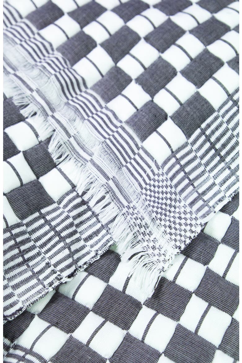 Suzani Quilted Handwoven Checkered Cotton Throw Blanket, Alternate, color, Soft Black and Ivory