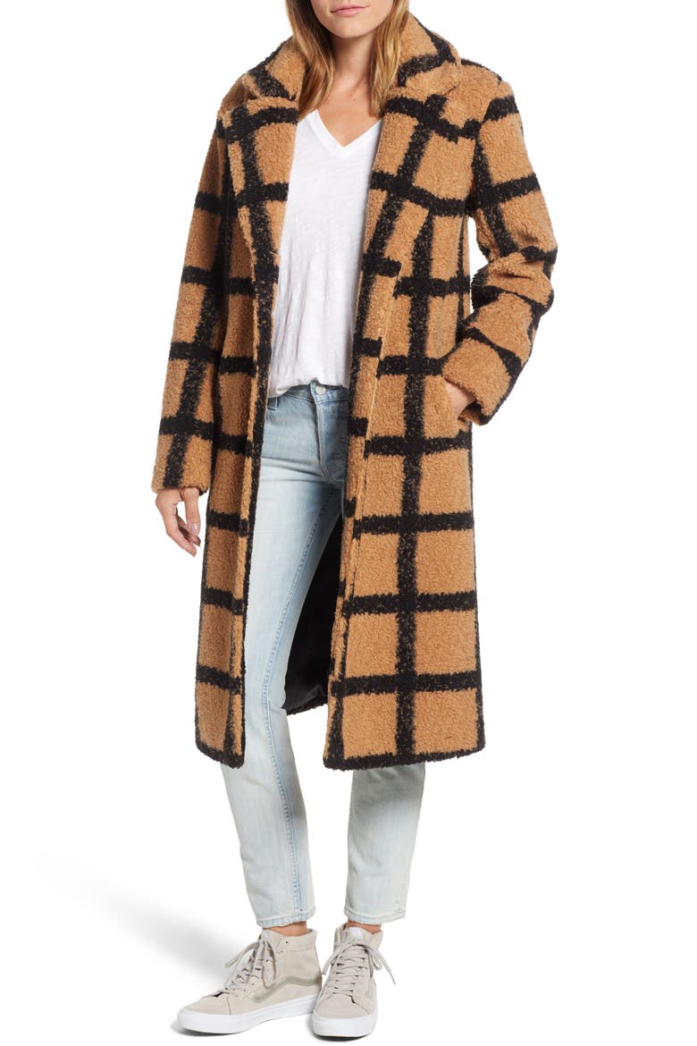Berber Longline Plaid Coat, Main, color, CAMEL/ BLACK